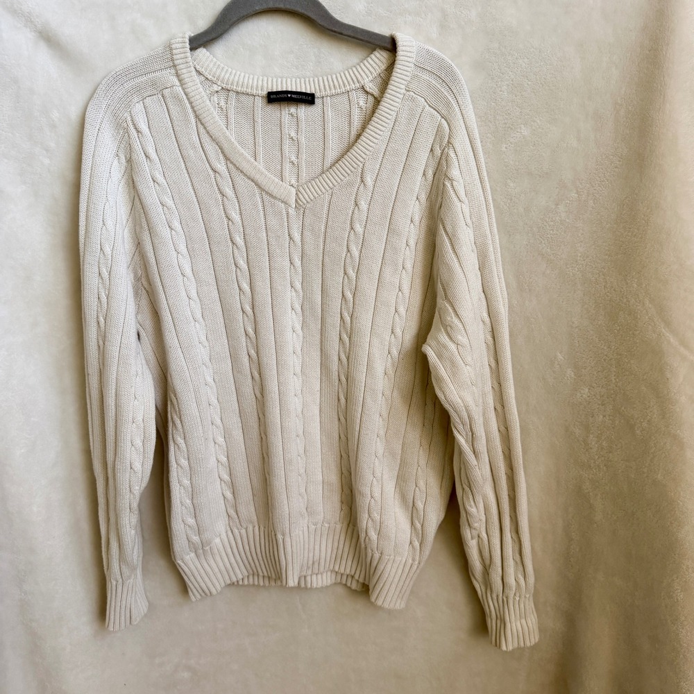 Brandy Melville Ida Womens Cream Oversized Cable Knit V Neck Sweater Fits L/XL